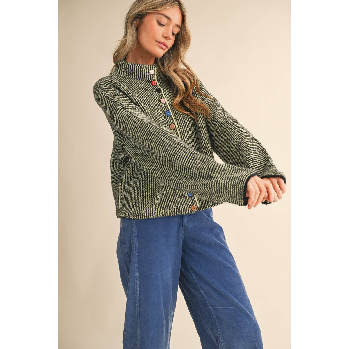 &MERCI - STRIPED SWEATER CARDIGAN WITH COLORFUL BUTTONS MSW11250: IVORY RED / M