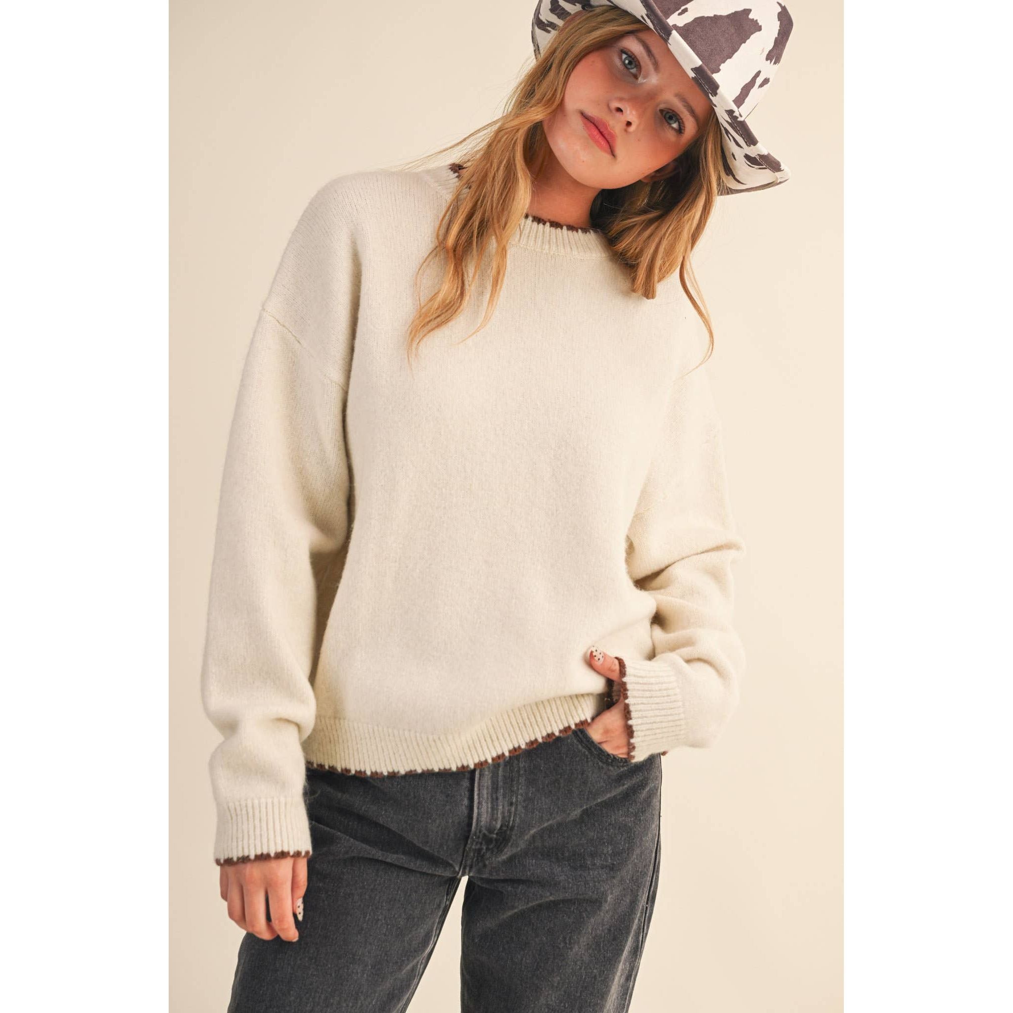 &MERCI - CONTRAST KNIT SCALLOPED EDGE SWEATER MSW11114: CHARCOAL PINK / S