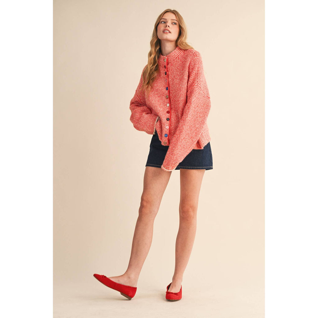 &MERCI - STRIPED SWEATER CARDIGAN WITH COLORFUL BUTTONS MSW11250: IVORY RED / L