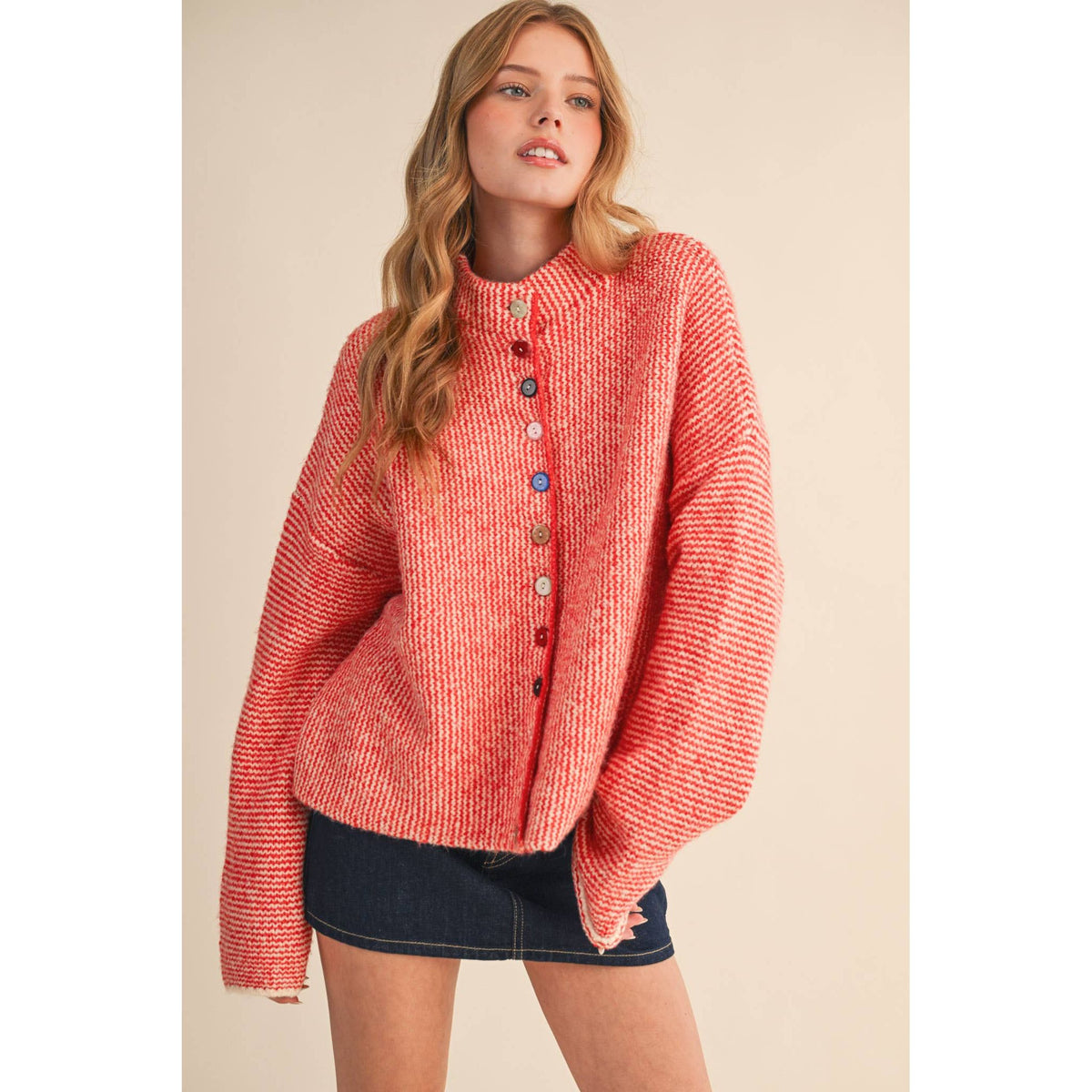 &MERCI - STRIPED SWEATER CARDIGAN WITH COLORFUL BUTTONS MSW11250: IVORY RED / M