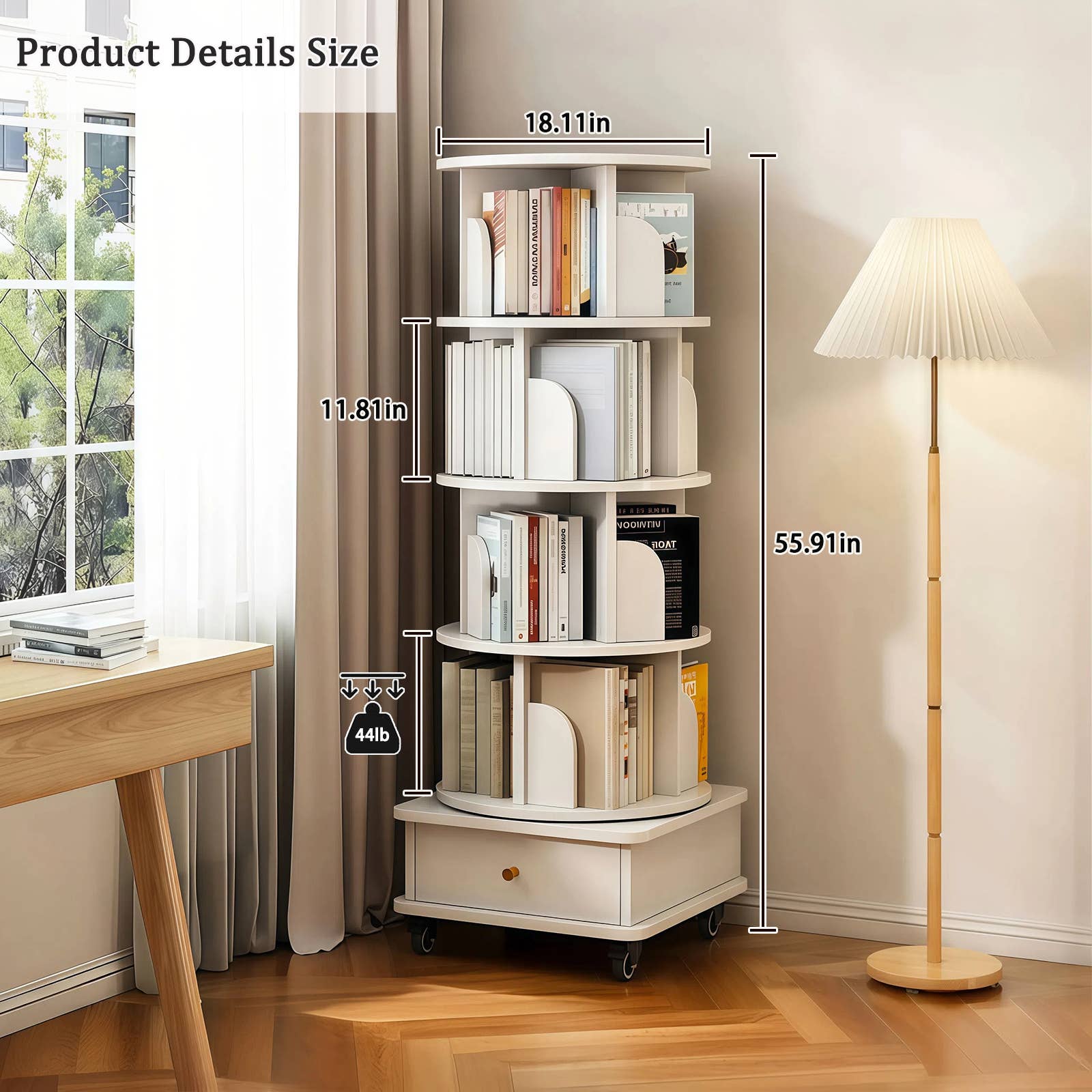 Rotating Bookshelf w/Drawer | 6 Tier