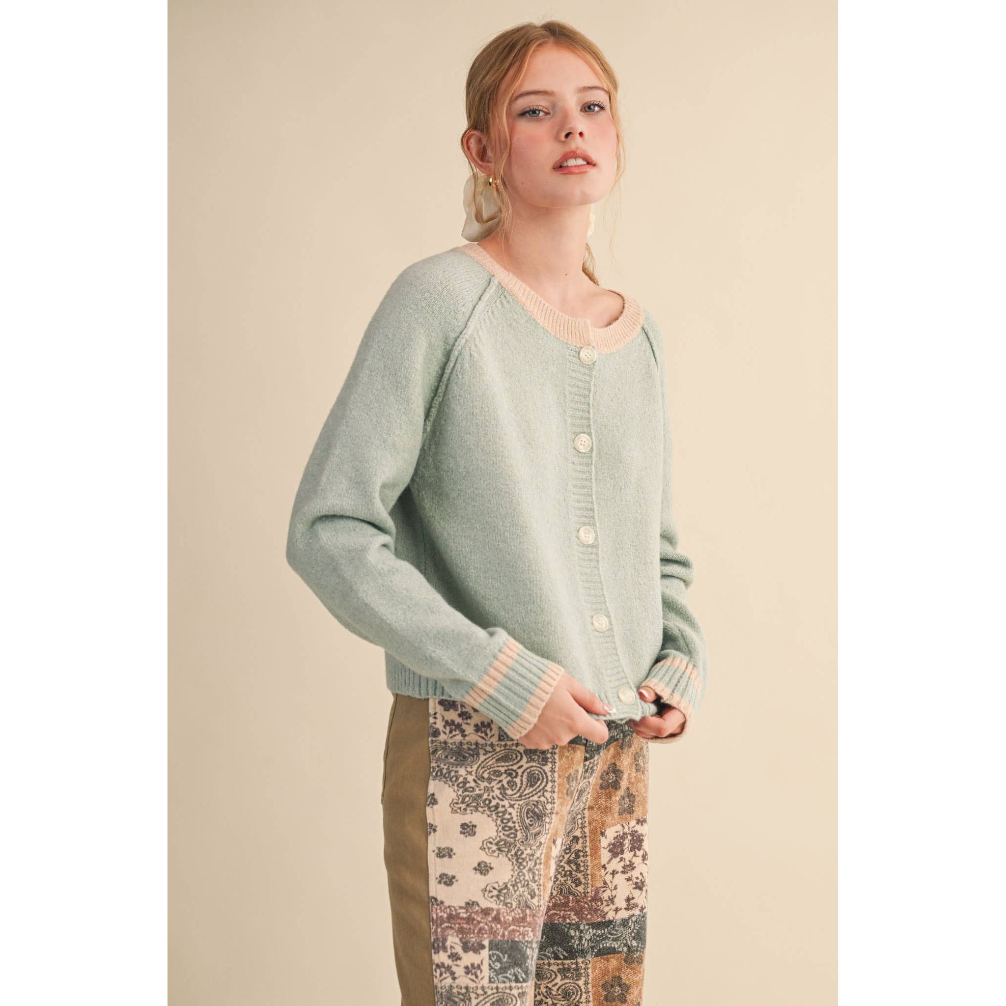 &MERCI - TWO TONE SWEATER CARDIGAN MSW11246: CHOCOLATE BROWN / S