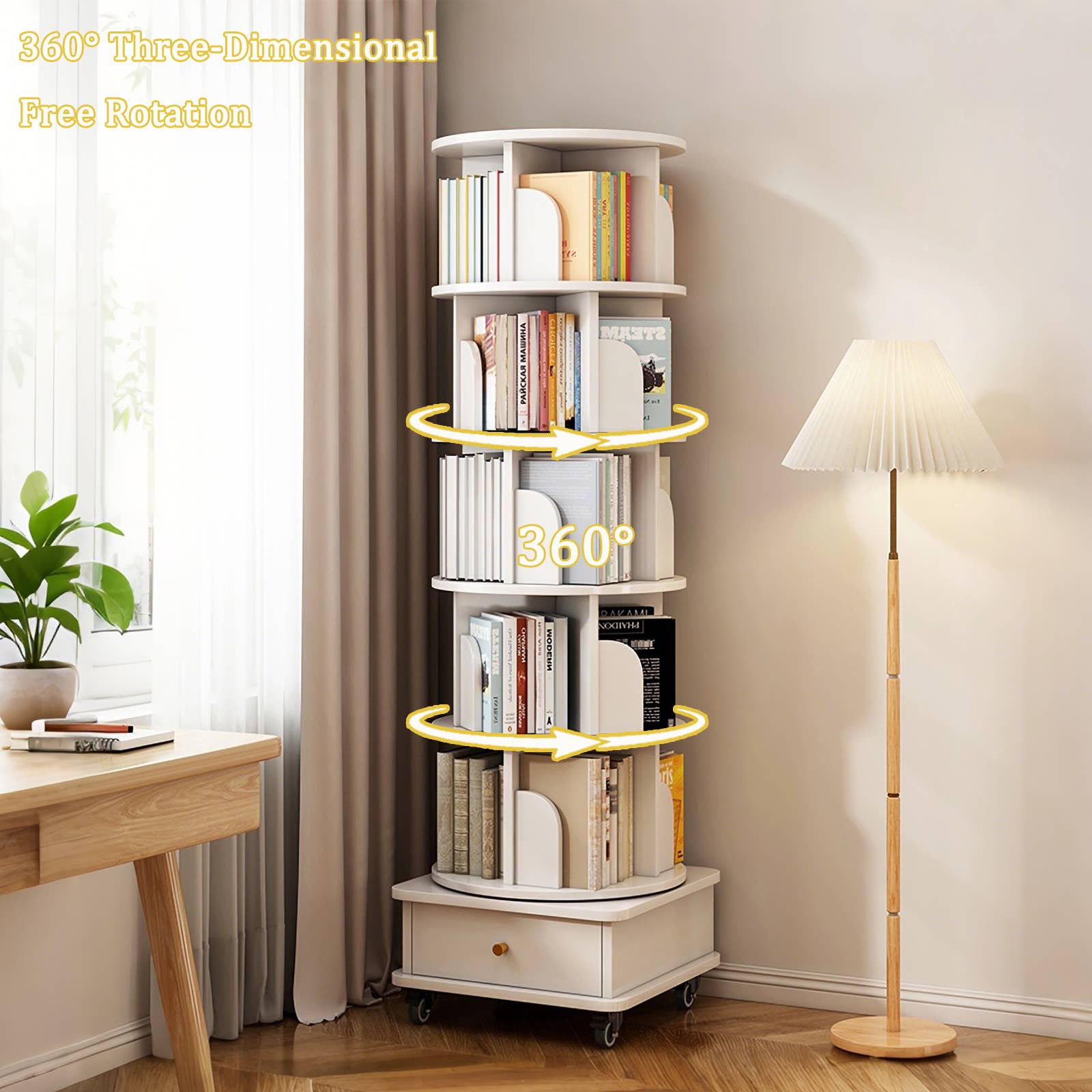 Rotating Bookshelf w/Drawer | 6 Tier