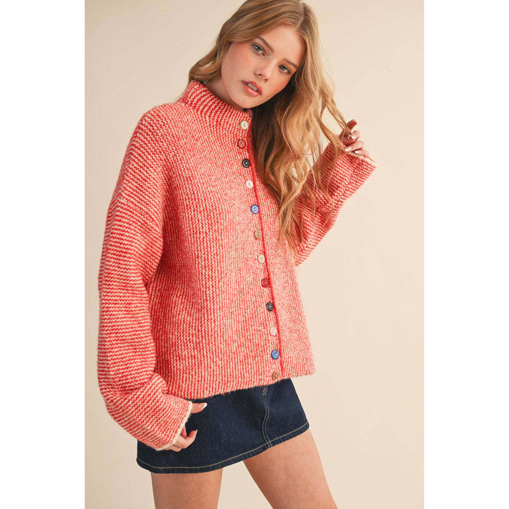 &MERCI - STRIPED SWEATER CARDIGAN WITH COLORFUL BUTTONS MSW11250: IVORY RED / S