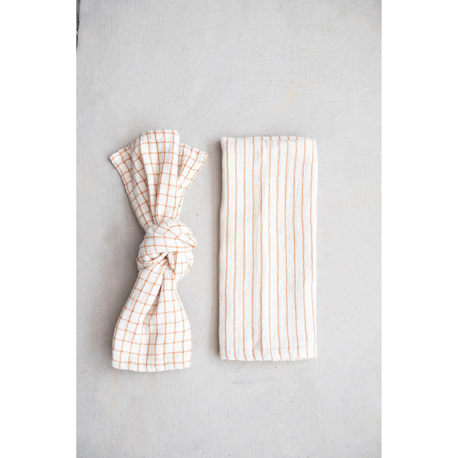 Natural & Rust Tea Towel w/Stripes & Grid Pattern