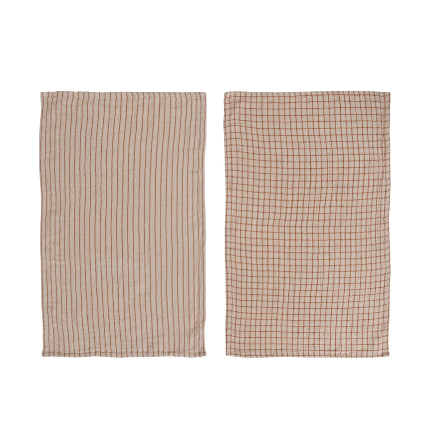 Natural & Rust Tea Towel w/Stripes & Grid Pattern
