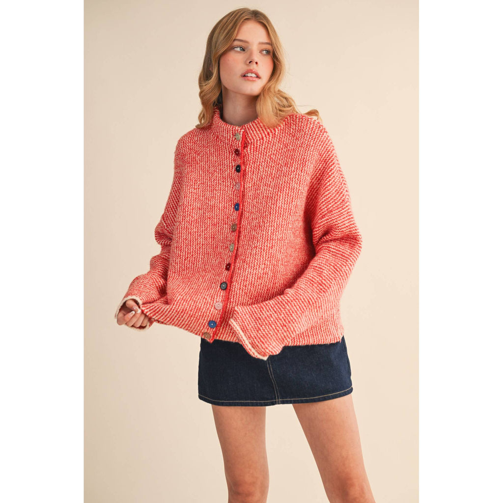 &MERCI - STRIPED SWEATER CARDIGAN WITH COLORFUL BUTTONS MSW11250: IVORY RED / S