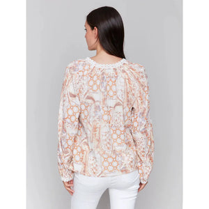 Printed L/S Blouse w/ V Notch Neckline | Papaya