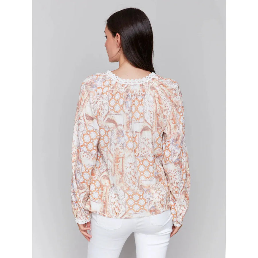 Printed L/S Blouse w/ V Notch Neckline | Papaya