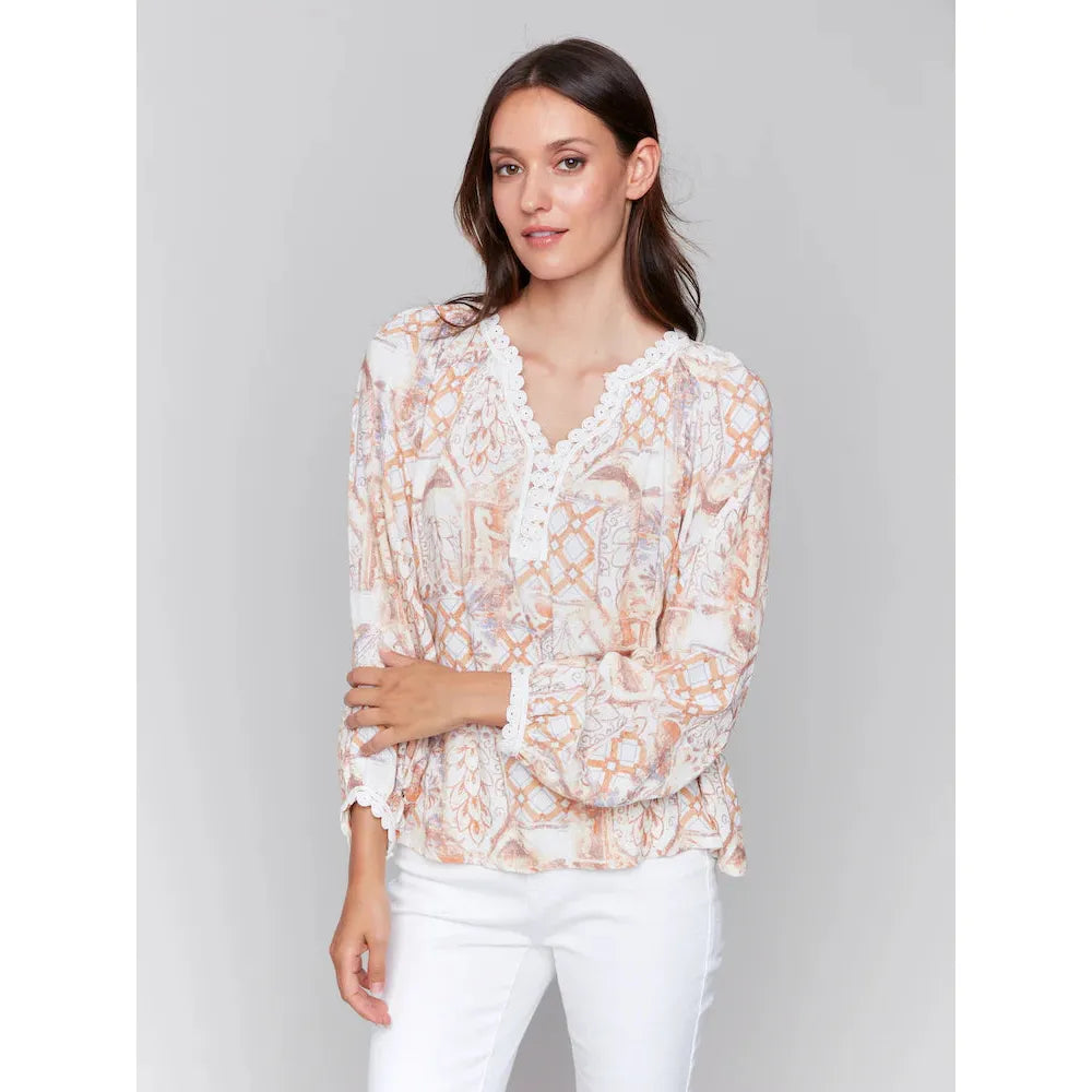 Printed L/S Blouse w/ V Notch Neckline | Papaya