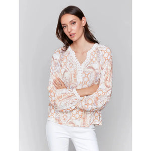 Printed L/S Blouse w/ V Notch Neckline | Papaya