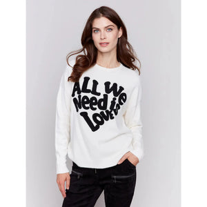 Crew Neck Sweater with Love Embroidery | Ecru