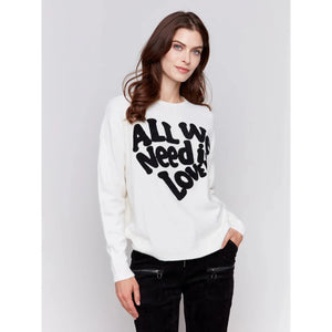 Crew Neck Sweater with Love Embroidery | Ecru