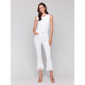 Cropped Jeans w/Fringed Hem | White