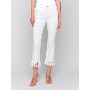 Cropped Jeans w/Fringed Hem | White