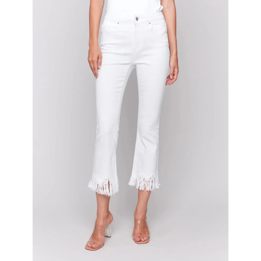 Cropped Jeans w/Fringed Hem | White