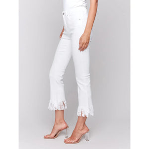 Cropped Jeans w/Fringed Hem | White