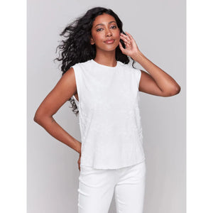 Floral Embroidered Sleeveless Cotton Top | White