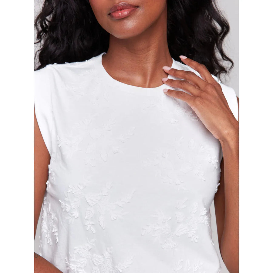 Floral Embroidered Sleeveless Cotton Top | White