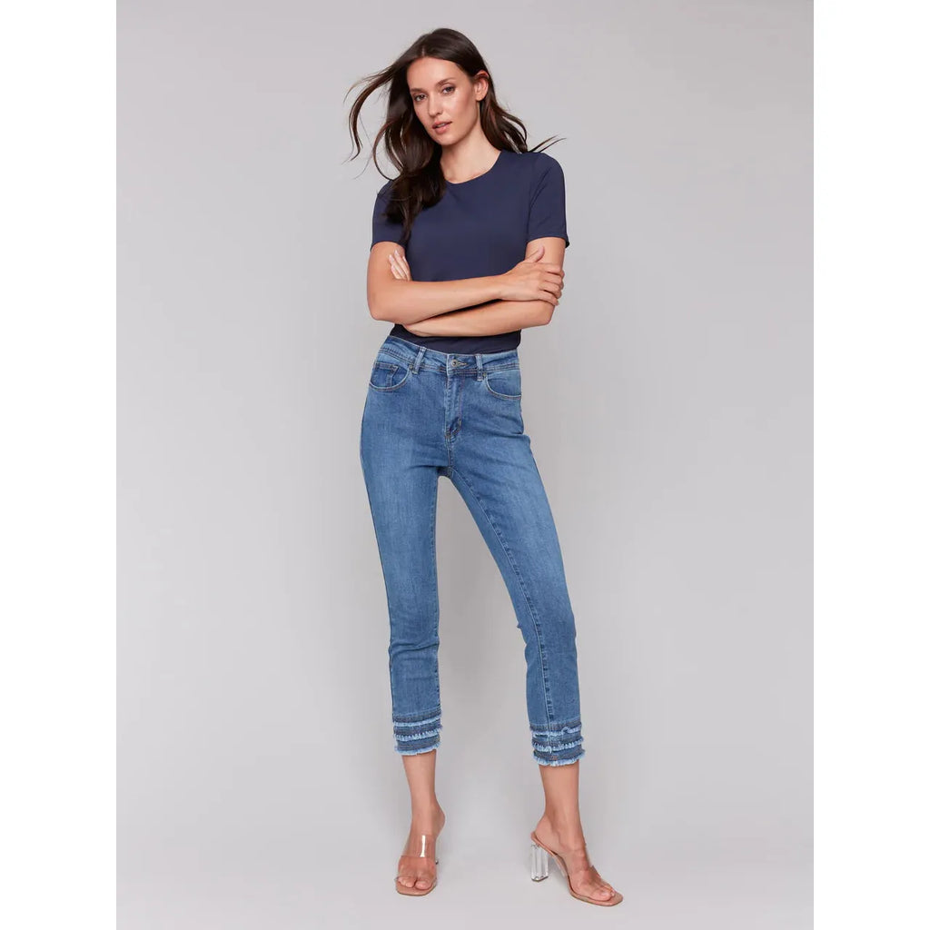 Frayed Hem Cropped Denim Pants | Medium Blue