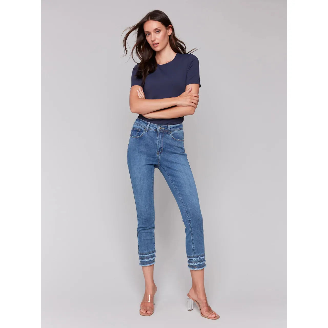 Frayed Hem Cropped Denim Pants | Medium Blue