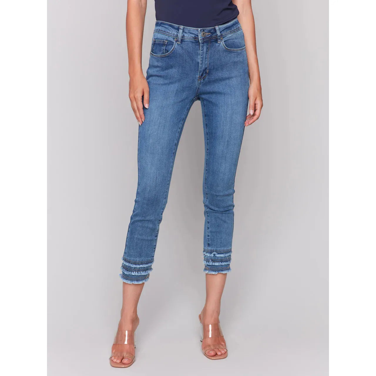 Frayed Hem Cropped Denim Pants | Medium Blue