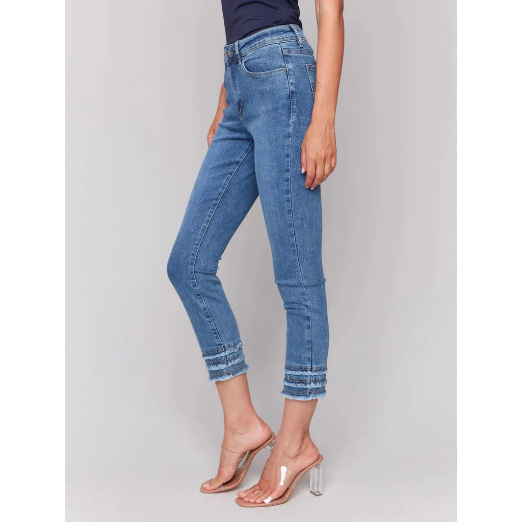 Frayed Hem Cropped Denim Pants | Medium Blue