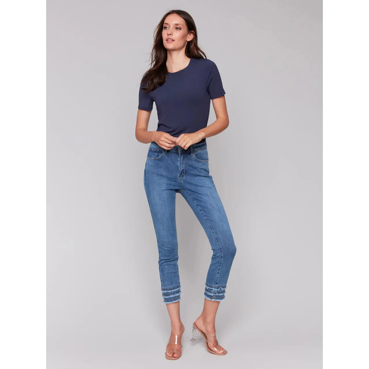 Frayed Hem Cropped Denim Pants | Medium Blue