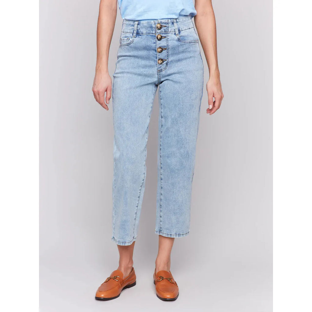 Front Button-Fly Straight Crop Jeans | Light Blue