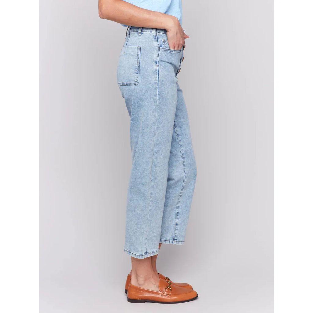 Front Button-Fly Straight Crop Jeans | Light Blue