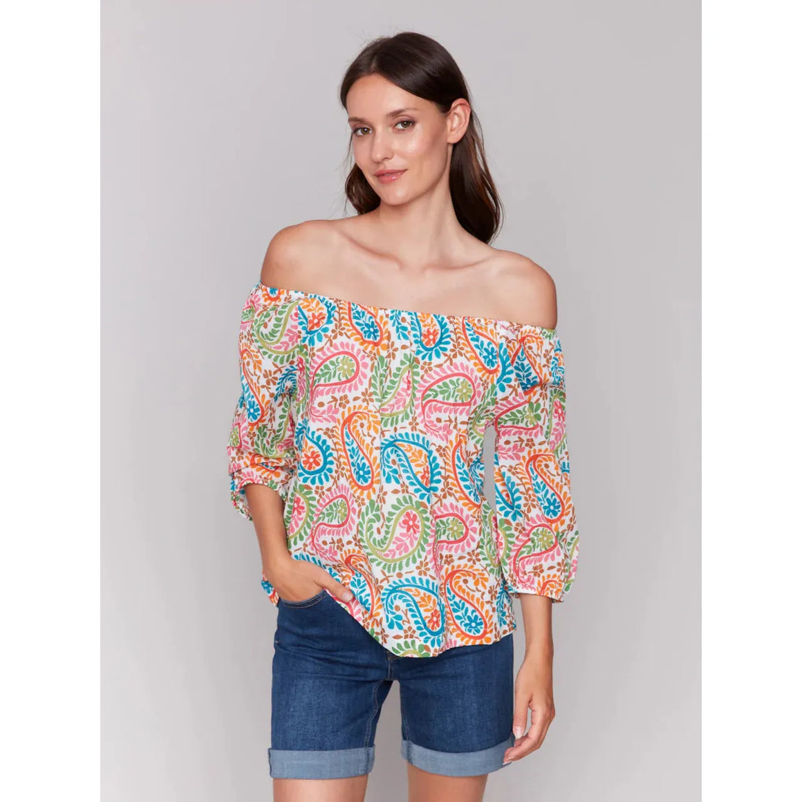 Printed Off-The-Shoulder Cotton Blouse |  Rainbow