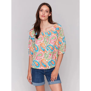 Printed Off-The-Shoulder Cotton Blouse |  Rainbow