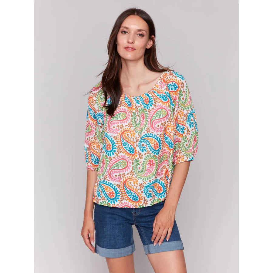 Printed Off-The-Shoulder Cotton Blouse |  Rainbow