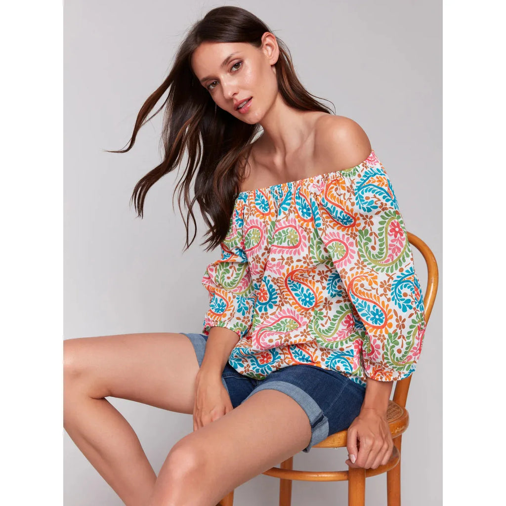 Printed Off-The-Shoulder Cotton Blouse |  Rainbow