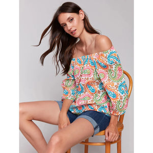 Printed Off-The-Shoulder Cotton Blouse |  Rainbow