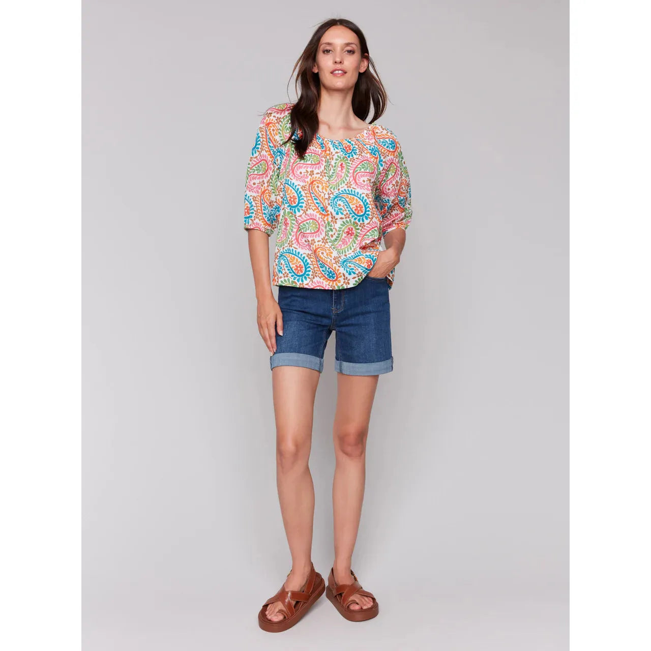 Printed Off-The-Shoulder Cotton Blouse |  Rainbow