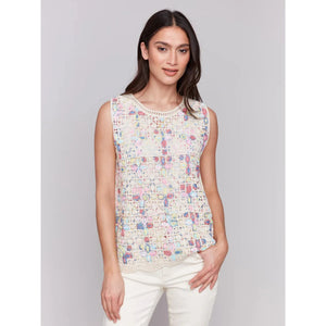 Sleeveless Crochet Crew Neck Top Natural