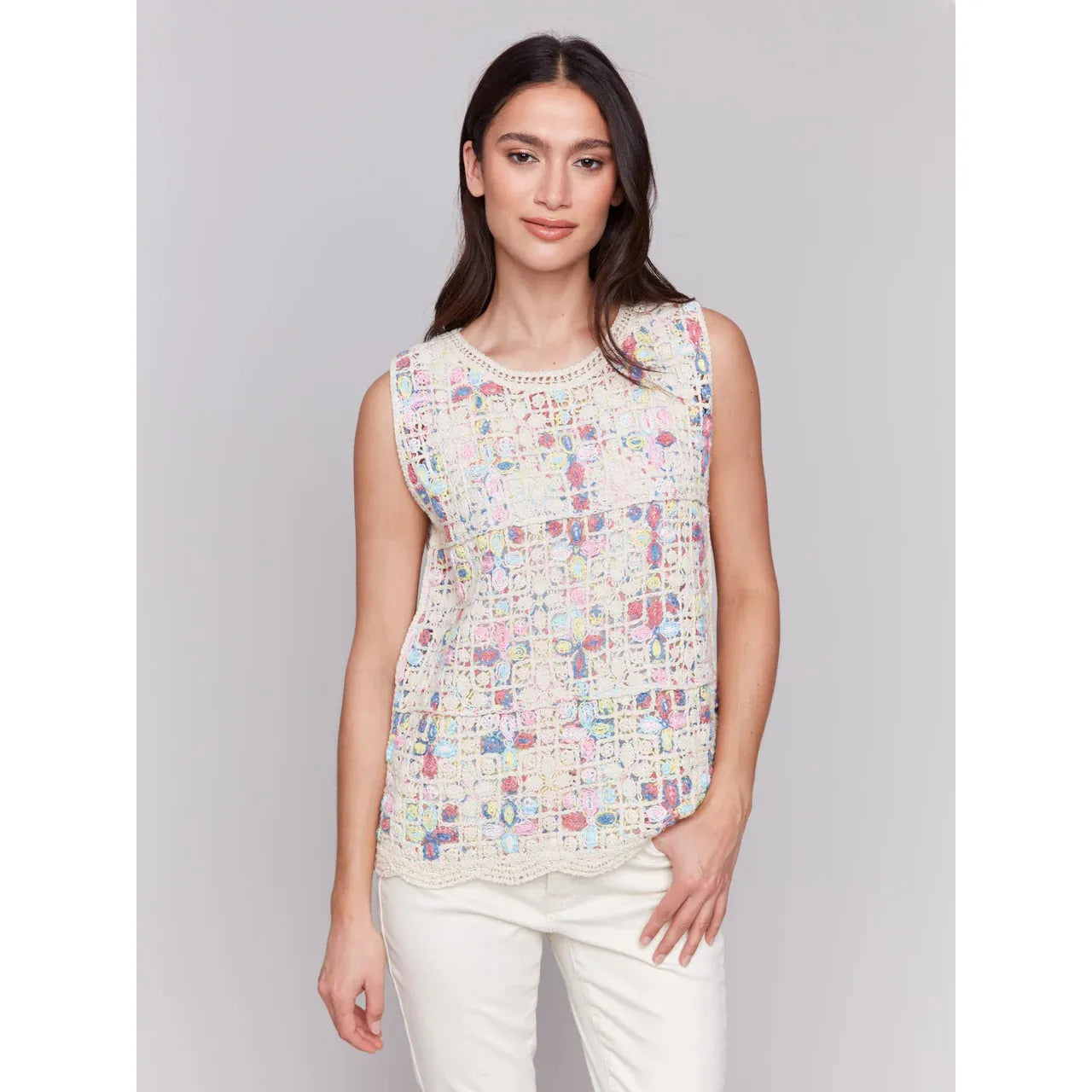 Sleeveless Crochet Crew Neck Top Natural