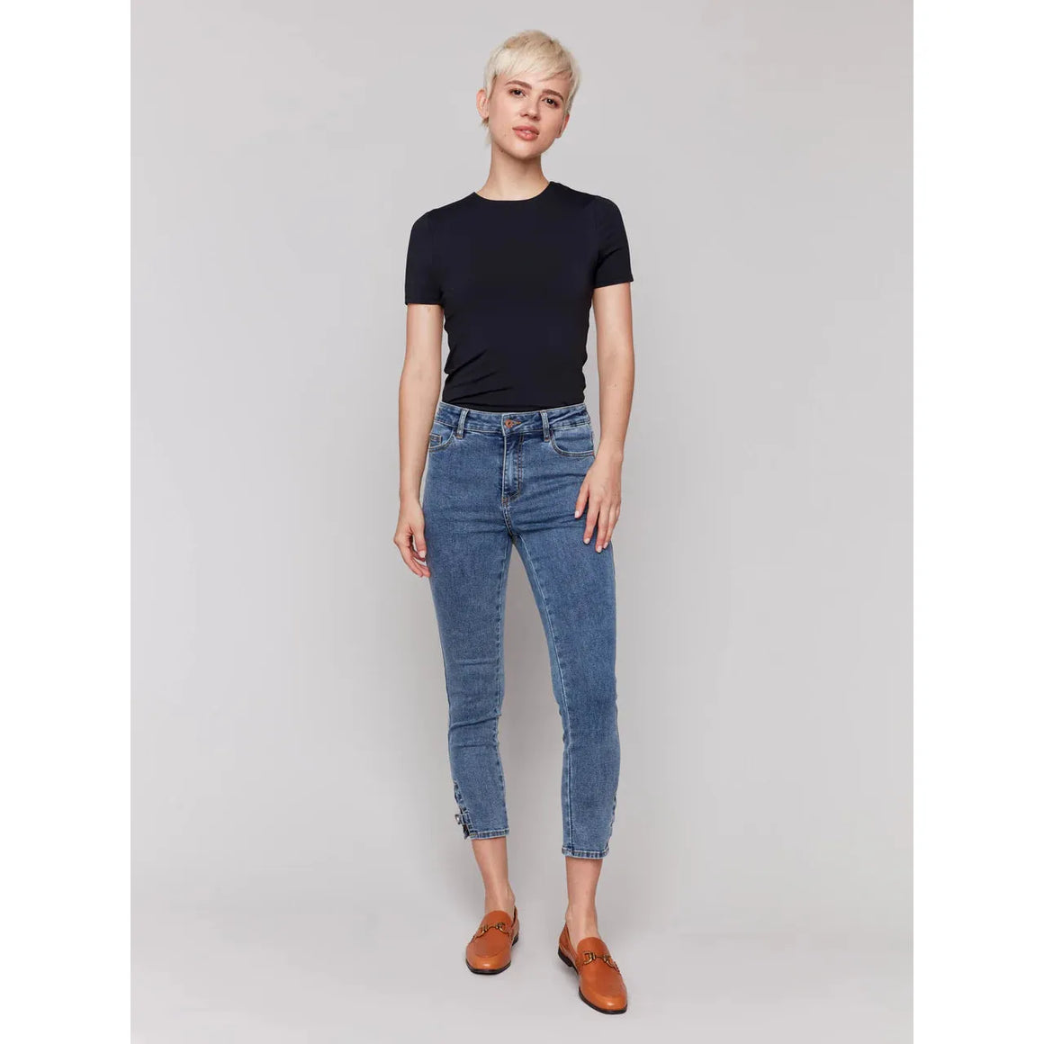 Slim Cropped Jeans w/Side Mini Tabs | Medium Blue