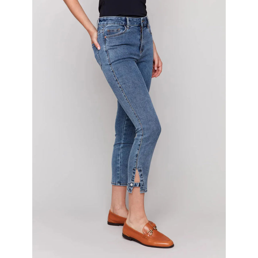 Slim Cropped Jeans w/Side Mini Tabs | Medium Blue
