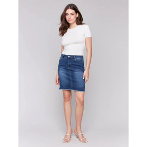 Stretch Denim Skort w/Frayed Hem | Indigo