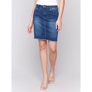Stretch Denim Skort w/Frayed Hem | Indigo