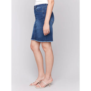 Stretch Denim Skort w/Frayed Hem | Indigo