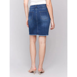 Stretch Denim Skort w/Frayed Hem | Indigo