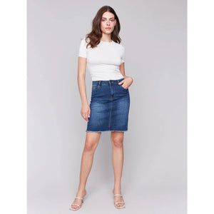 Stretch Denim Skort w/Frayed Hem | Indigo