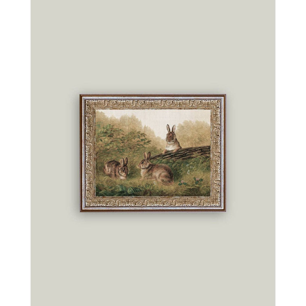 Framed Antique Art | Rabbits on a Log - 7x5