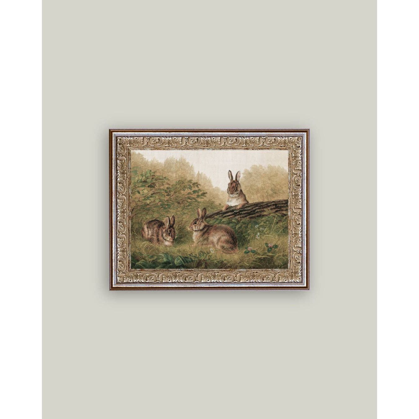 Framed Antique Art | Rabbits on a Log - 7x5
