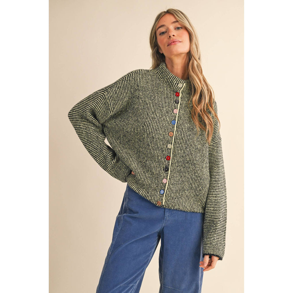 &MERCI - STRIPED SWEATER CARDIGAN WITH COLORFUL BUTTONS MSW11250: BLACK LIME / M