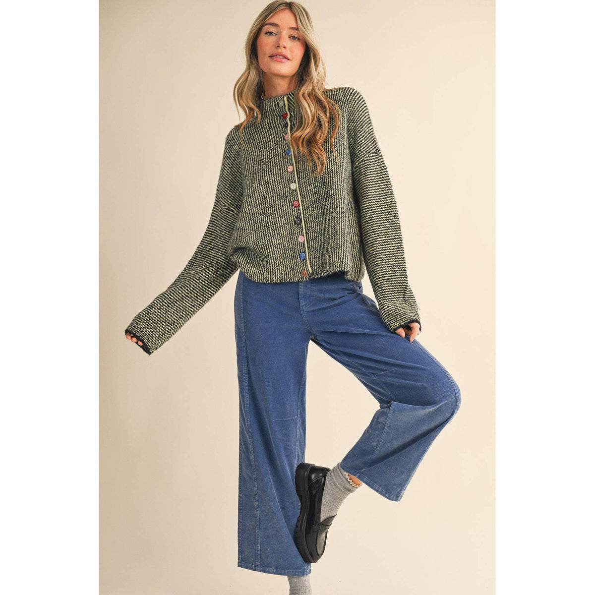 &MERCI - STRIPED SWEATER CARDIGAN WITH COLORFUL BUTTONS MSW11250: BLACK LIME / M