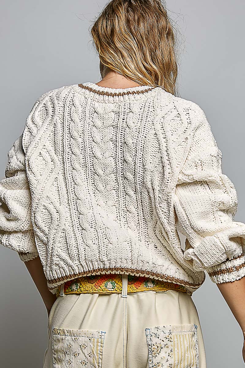Cable Knit Crewneck Contrast Trim Sweater Top